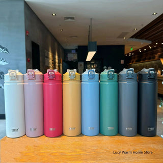 Thermal Water Bottle with Straw 750/600ML Stainless Steel Bottle Keeps Cold and Heat High Capacity Thermal Mug Thermos Bottle - Hstrends