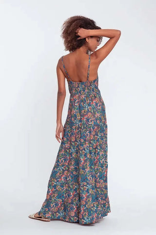 Thin strap floral printed causal ruffles maxi dress - Hstrends