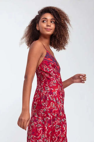 Thin strap floral printed causal ruffles maxi dress - Hstrends