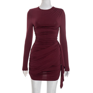 Tight - Fitting Pleated Ribbon Long - Sleeved Hip - Hugging Dress - Hstrends