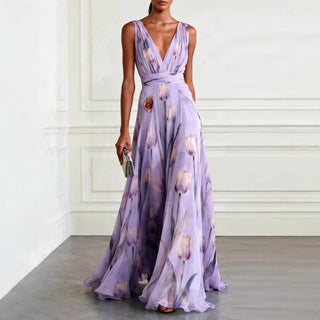 tulip floral Sleeveless V-Neck Long maxi Dress - Hstrends