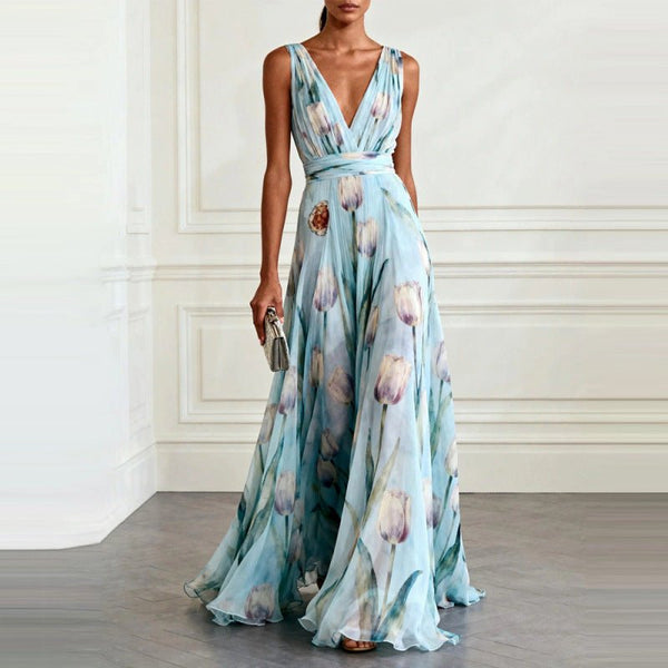 tulip floral Sleeveless V-Neck Long maxi Dress - Hstrends