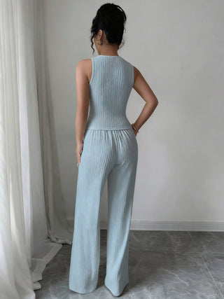 Two-Piece Sleeveless Round Neck Pleated Vest High-Waisted Wide-Leg Pants set - Hstrends