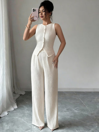 Two-Piece Sleeveless Round Neck Pleated Vest High-Waisted Wide-Leg Pants set - Hstrends
