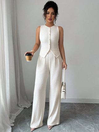 Two-Piece Sleeveless Round Neck Pleated Vest High-Waisted Wide-Leg Pants set - Hstrends