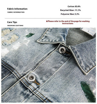 Unisex Washed Graffiti Ripped Denim Jacket - Retro - Hstrends