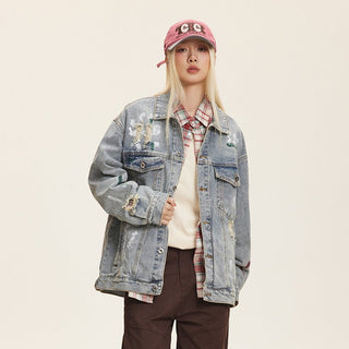 Unisex Washed Graffiti Ripped Denim Jacket - Retro - Hstrends