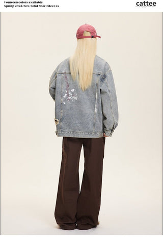 Unisex Washed Graffiti Ripped Denim Jacket - Retro - Hstrends