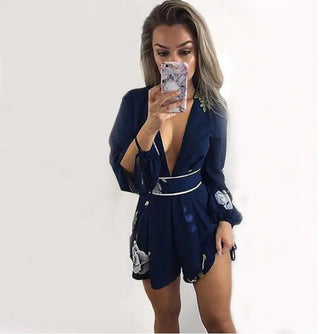 V - Neck Backless Floral Long Sleeve Jumpsuit - Hstrends