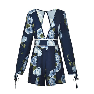 V - Neck Backless Floral Long Sleeve Jumpsuit - Hstrends