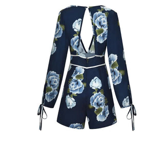 V - Neck Backless Floral Long Sleeve Jumpsuit - Hstrends