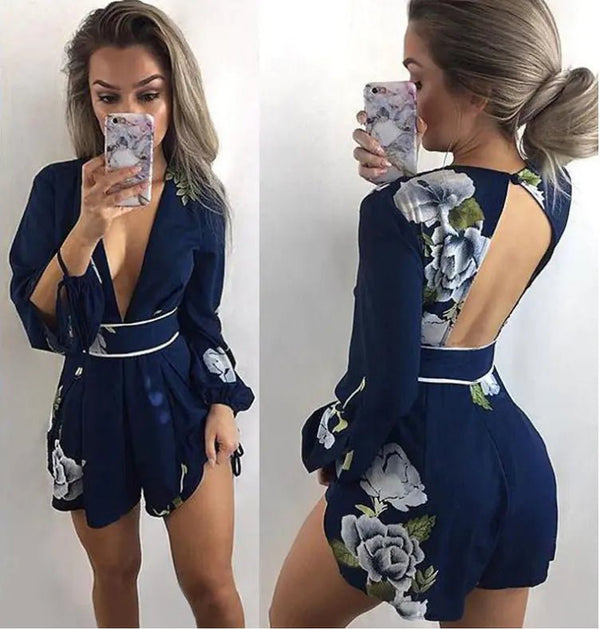 V - Neck Backless Floral Long Sleeve Jumpsuit - Hstrends