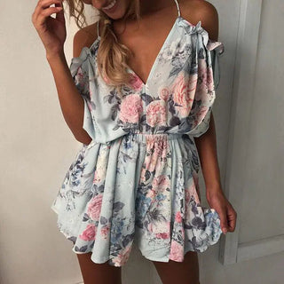 V - Neck Floral Print Jumpsuit with Straps - Hstrends
