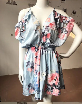 V - Neck Floral Print Jumpsuit with Straps - Hstrends