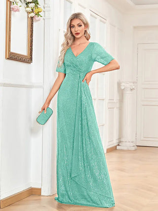 V - neck Sequin Slim Fishtail Short Sleeve Dress - Hstrends