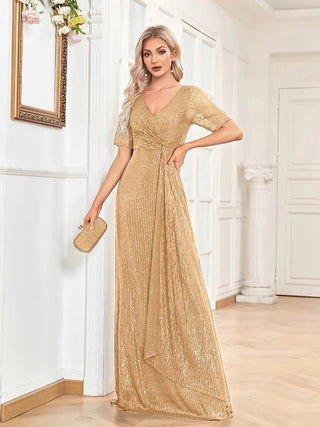 V - neck Sequin Slim Fishtail Short Sleeve Dress - Hstrends