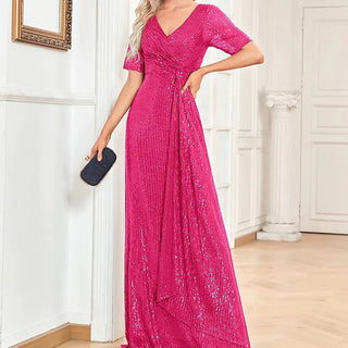 V - neck Sequin Slim Fishtail Short Sleeve Dress - Hstrends