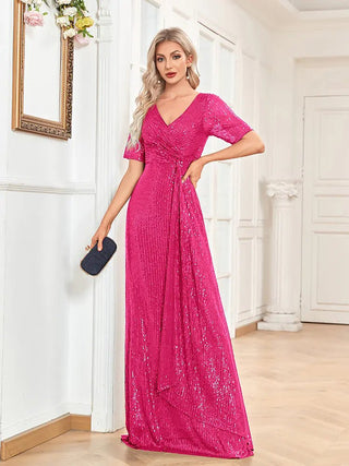 V - neck Sequin Slim Fishtail Short Sleeve Dress - Hstrends