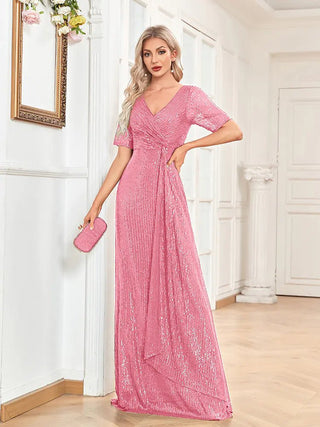 V - neck Sequin Slim Fishtail Short Sleeve Dress - Hstrends