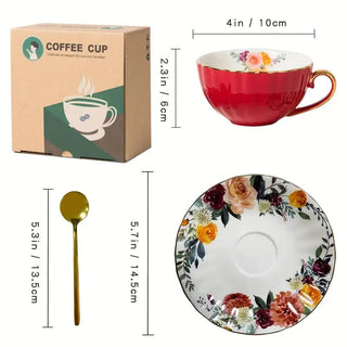 Vintage Ceramic Coffee Mug Set with Saucer and Spoon - Hstrends