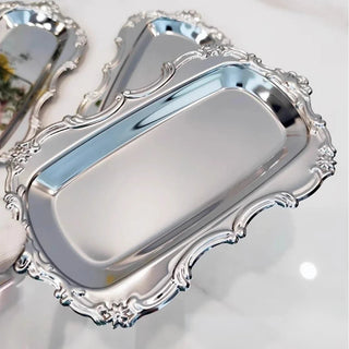 Vintage Embossed Stainless Steel Tray Serving Platter for Desserts Jewelry Storage Organizer Snack Plate For Dining Table Decor - Hstrends