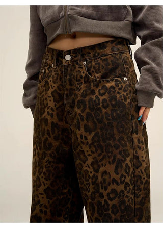 Vintage Leopard Print Loose Fit Wide Leg Jeans - Hstrends