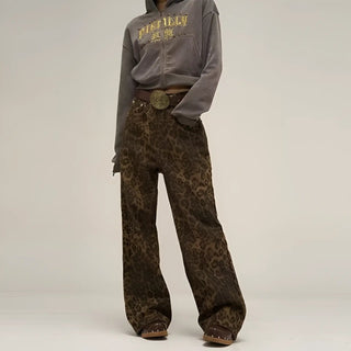 Vintage Leopard Print Loose Fit Wide Leg Jeans - Hstrends