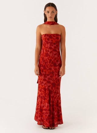 Watermelon red Tube Bodycon Mesh Layer Strapless Maxi Dress with Scarf - Hstrends