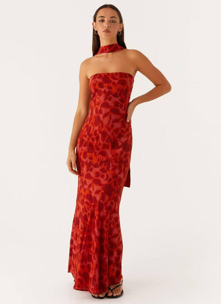 Watermelon red Tube Bodycon Mesh Layer Strapless Maxi Dress with Scarf - Hstrends