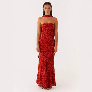 Watermelon red Tube Bodycon Mesh Layer Strapless Maxi Dress with Scarf - Hstrends