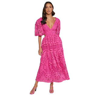 White Cut Out Long Skirt V Neck knitted Lace Embroidery Dress - Hstrends
