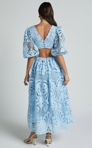 White Cut Out Long Skirt V Neck knitted Lace Embroidery Dress - Hstrends
