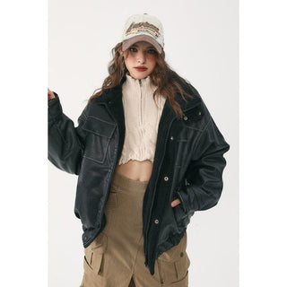 Winter Coat PU Leather Coat with Lamb Wool Lining - Hstrends