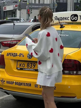 Women Cute Heart - Shaped Round Neck Sweater - Hstrends