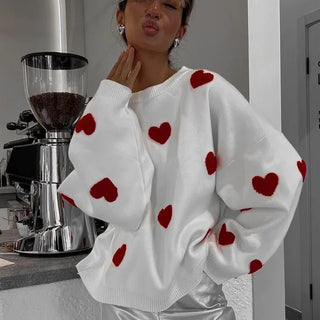 Women Cute Heart - Shaped Round Neck Sweater - Hstrends