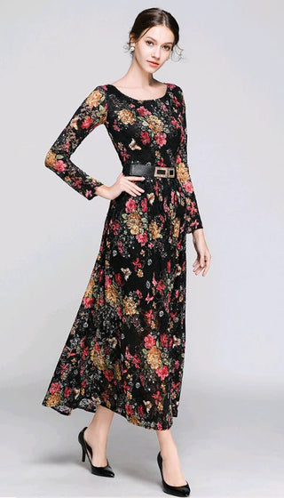 Women Lace Long Dress with Floral Print - Hstrends
