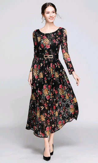Women Lace Long Dress with Floral Print - Hstrends