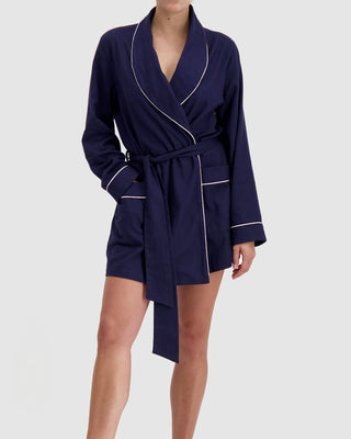 Women's Flannel Dressing Gown - Navy with White Piping - Hstrends