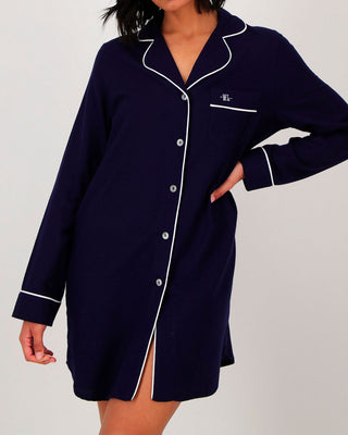 Women's Sleep Shirt - Navy Flannel with White Piping - Hstrends