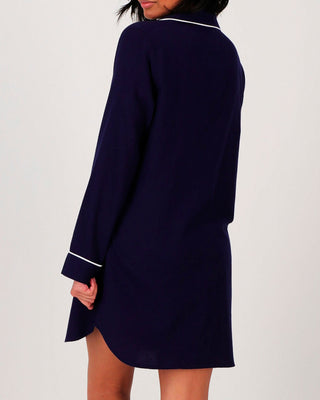 Women's Sleep Shirt - Navy Flannel with White Piping - Hstrends