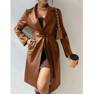 Women's Slim Fit PU Leather Trench Coat with Lapel Collar and Pockets - Hstrends