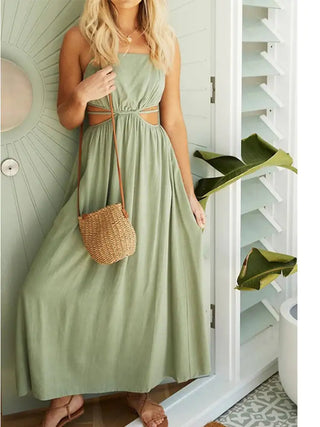 Lace - up Waist Collar Sling Cotton and Linen Dress - Hstrends