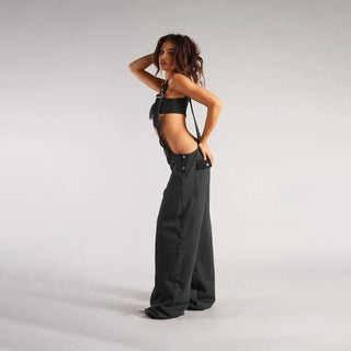 Y2K Loose Denim Overalls with Pockets and Zipper - Hstrends