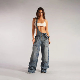 Y2K Loose Denim Overalls with Pockets and Zipper - Hstrends