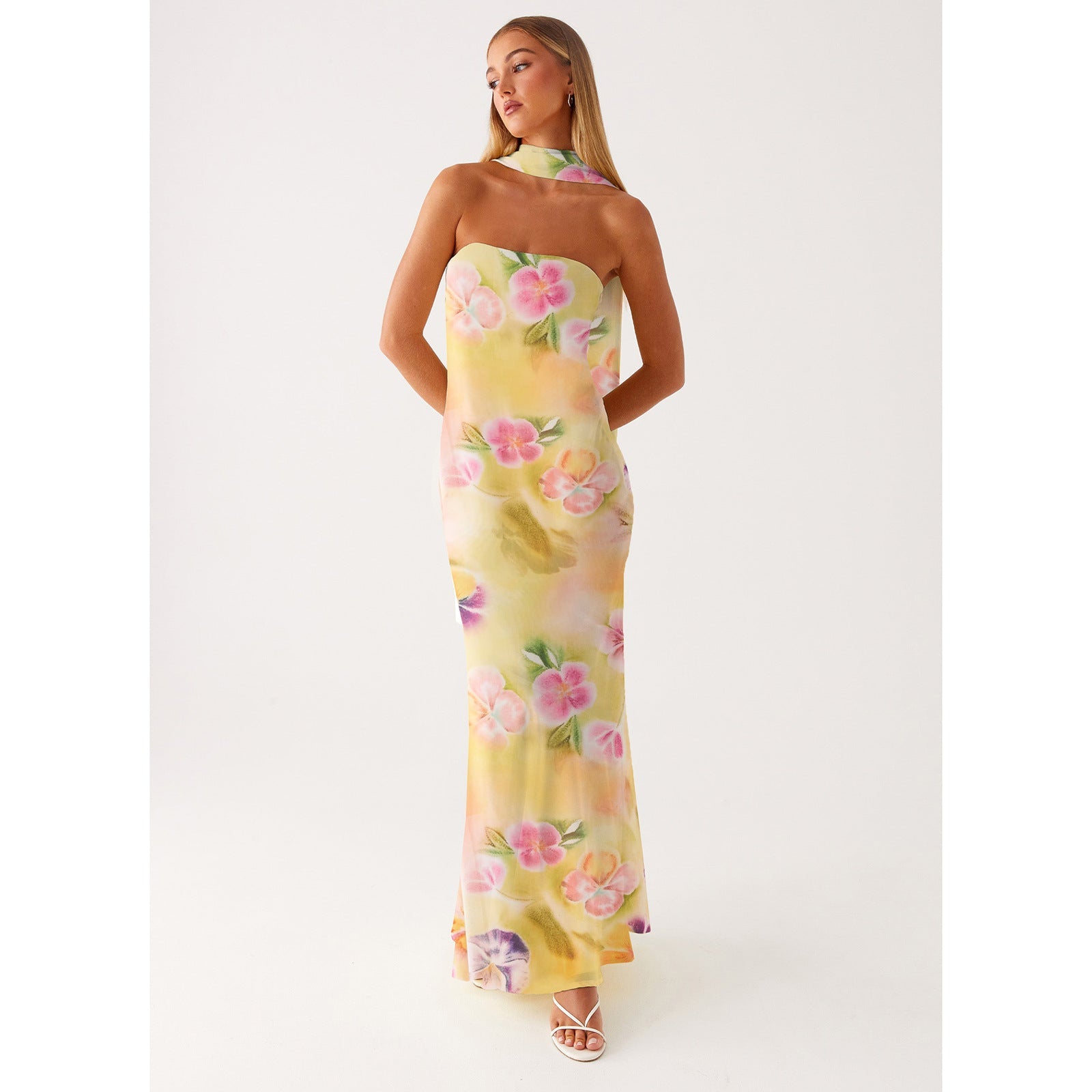 Yellow Floral Tube Bodycon Mesh Layer Strapless Maxi Dress with Scarf