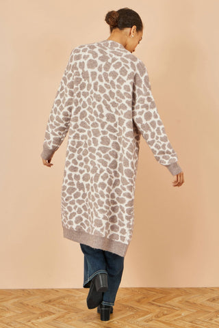 Yumi Beige Animal Print Intarsia Long Cardigan - Hstrends