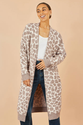 Yumi Beige Animal Print Intarsia Long Cardigan - Hstrends