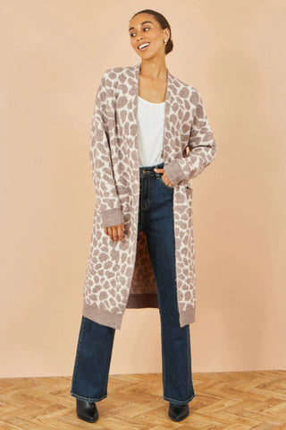 Yumi Beige Animal Print Intarsia Long Cardigan - Hstrends