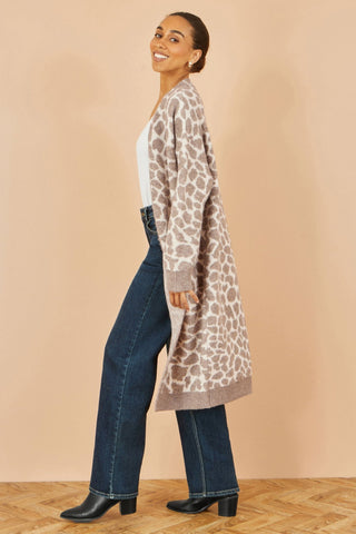 Yumi Beige Animal Print Intarsia Long Cardigan - Hstrends