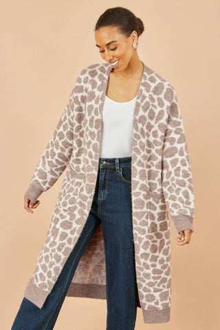 Yumi Beige Animal Print Intarsia Long Cardigan - Hstrends
